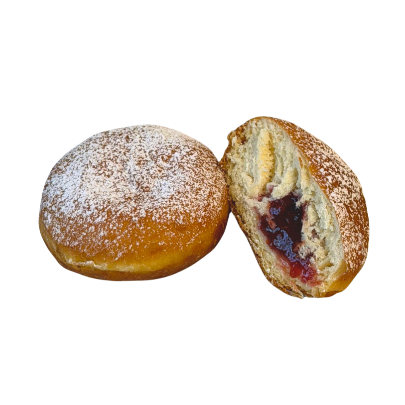 Krapfen mit Puderzucker, gefüllt mit Marmelade